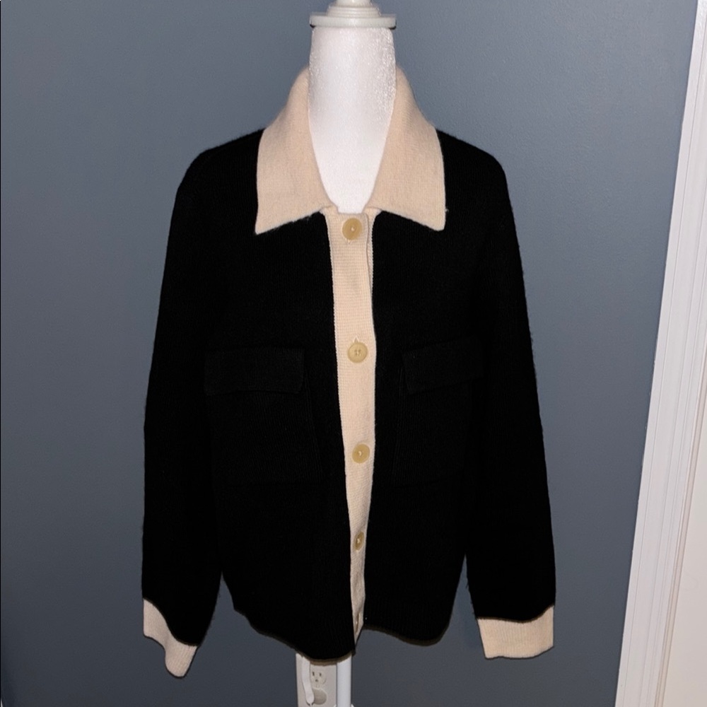 NWOT LOFT Black and Cream Sweater Jacket with Plush Texture